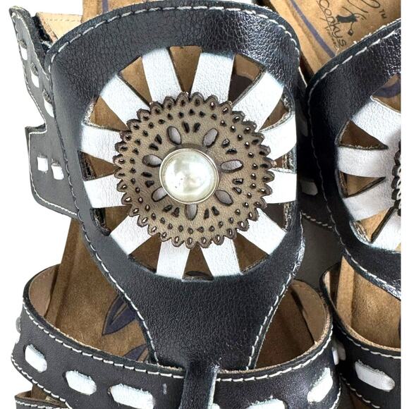 Elite by Corkys Scilly Leather Wedge Slide Sandals Black Floral Women's Size 11 - Picture 7 of 15